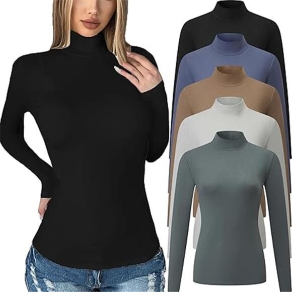 5 Pack Womens Long Sleeve Tops Mock Turtleneck Basic T Shirt Fall Stretch Tight - Picture 6 of 6